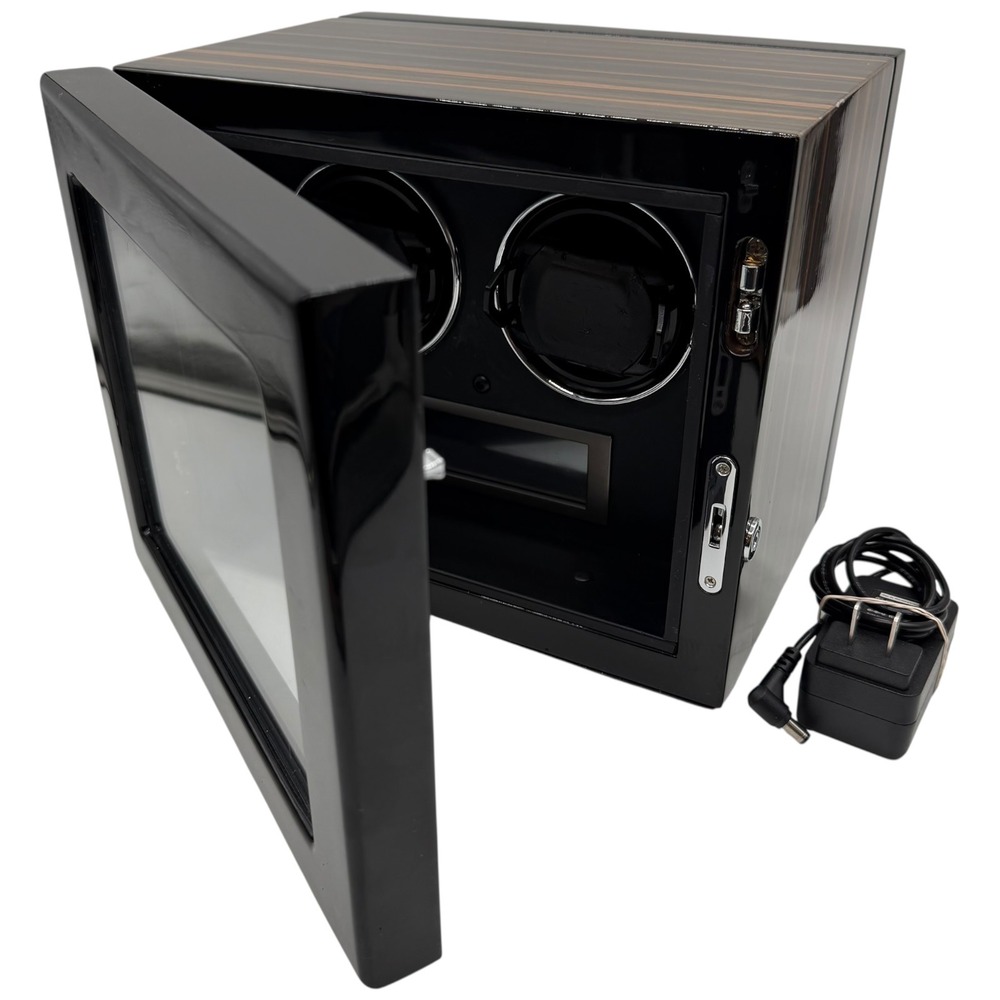 Dual Watch Winder Ebony Wood Grain Finish Black Automatic Watch Box with Adapter - Picture 1 of 16